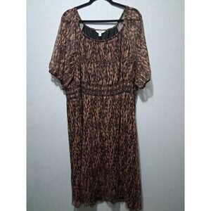 Terra & Sky Womens 4X Plus Size Lined Brown Animal Print Mesh Smocked Midi Dress
